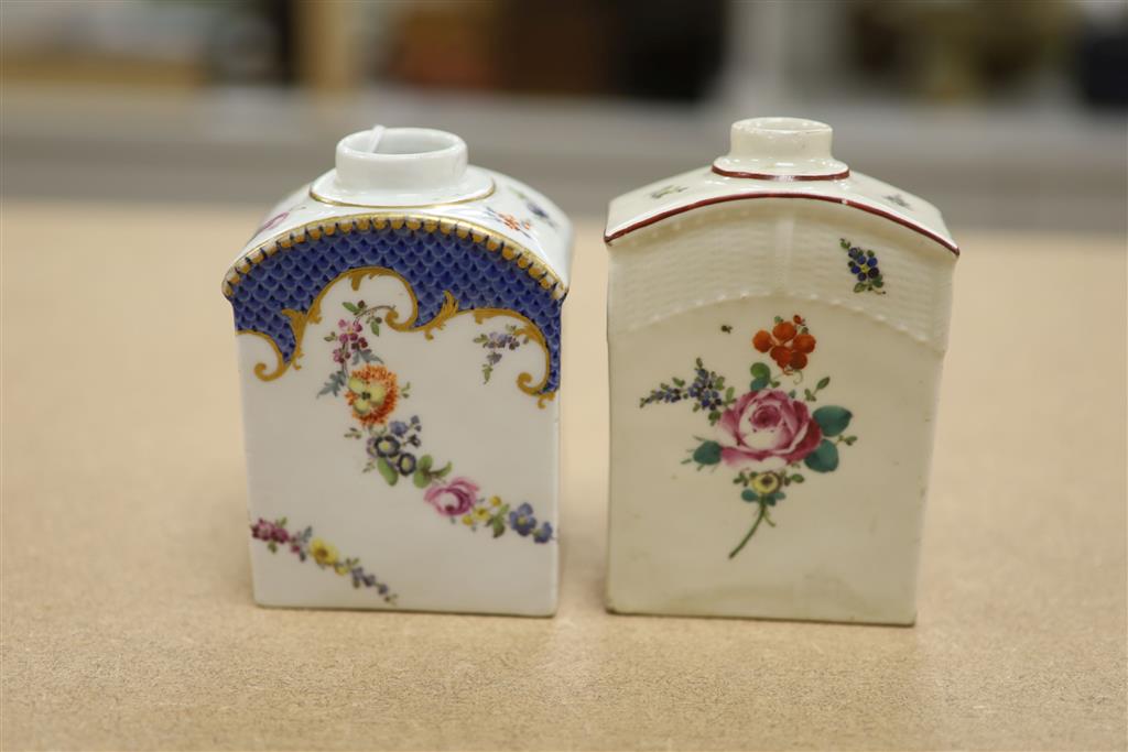 A late 18th/early 19th century Meissen tea canister painted with flowers under a blue scale border faint blue crossed swords in blue